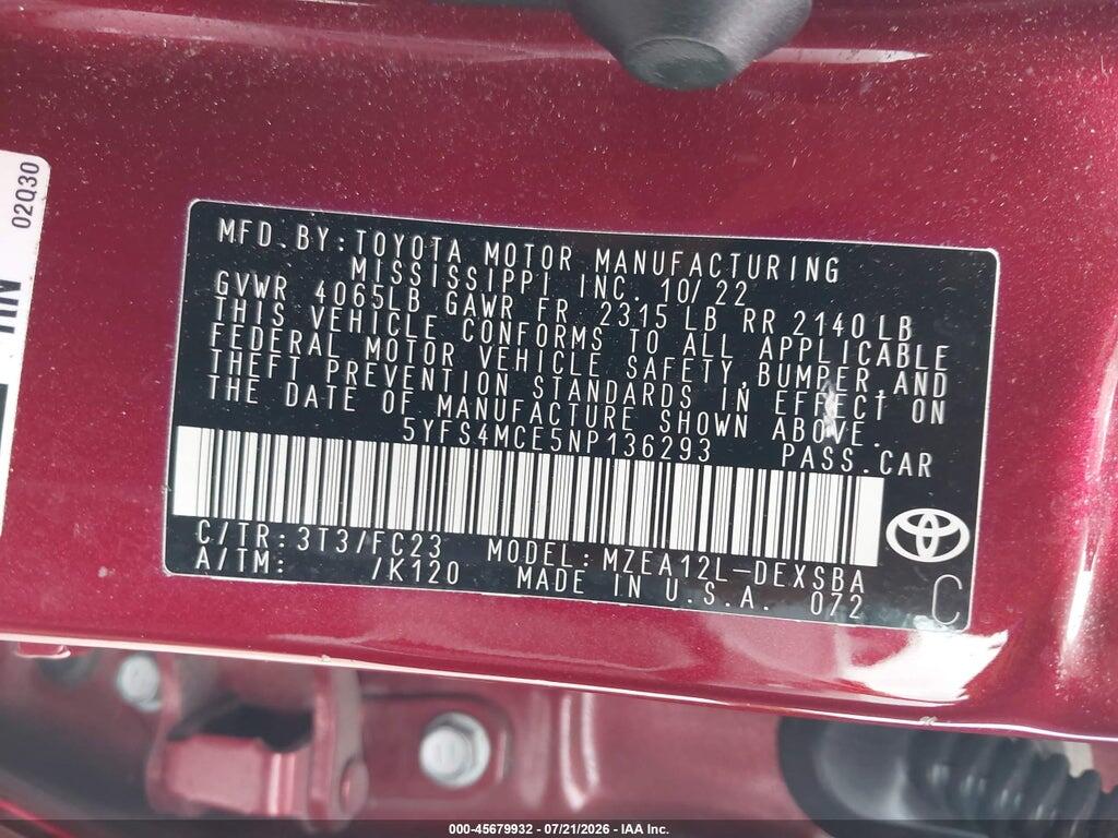 5YFS4MCE5NP136293 2022 TOYOTA COROLLA photo no. 9