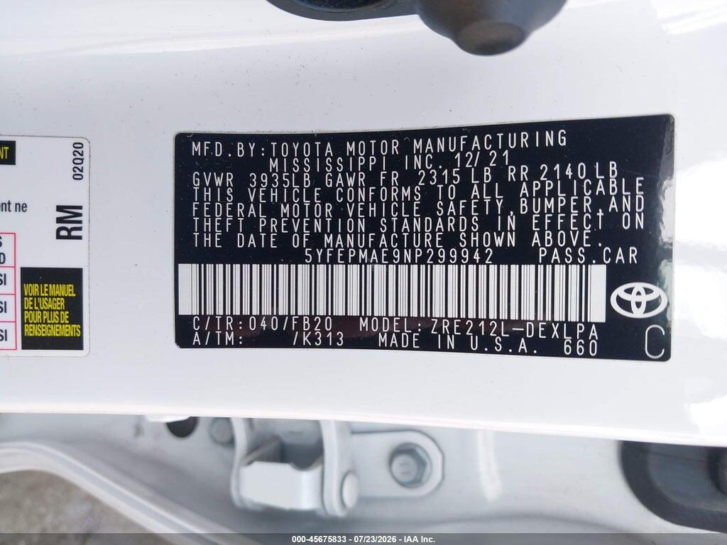 5YFEPMAE9NP299942 2022 TOYOTA COROLLA photo no. 9