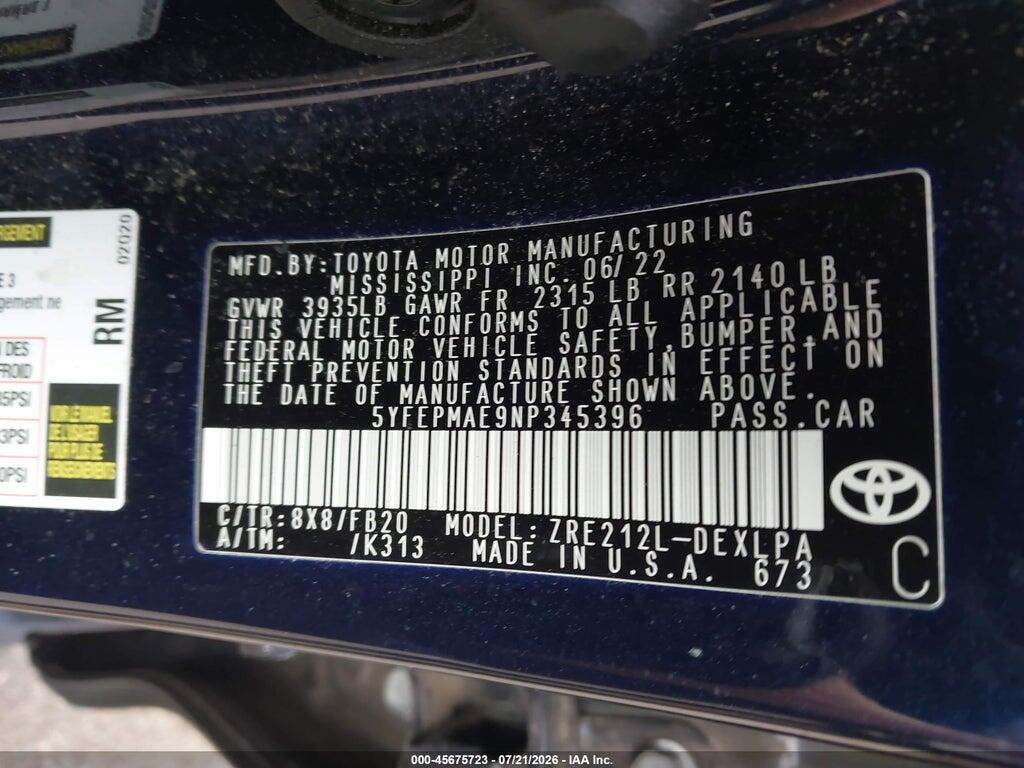 5YFEPMAE9NP345396 2022 TOYOTA COROLLA photo no. 9