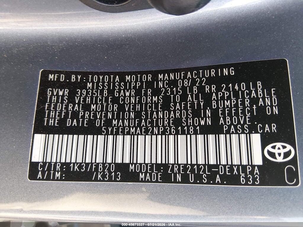 5YFEPMAE2NP361181 2022 TOYOTA COROLLA photo no. 9