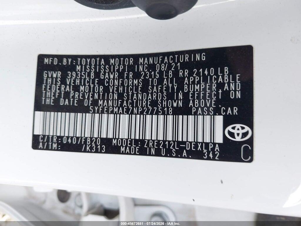 5YFEPMAE7NP277518 2022 TOYOTA COROLLA photo no. 9