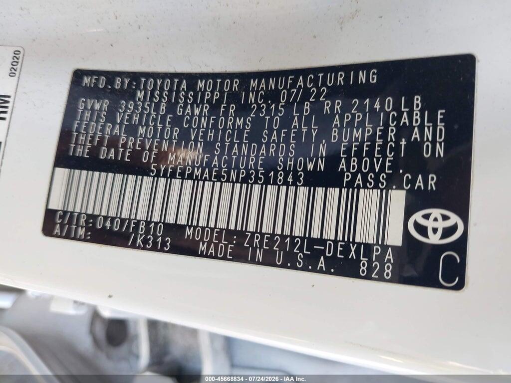 5YFEPMAE5NP351843 2022 TOYOTA COROLLA photo no. 9