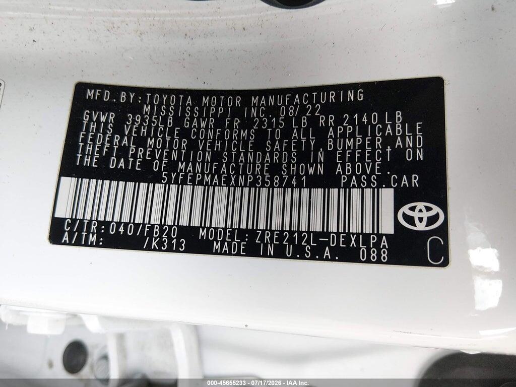5YFEPMAEXNP358741 2022 TOYOTA COROLLA photo no. 9