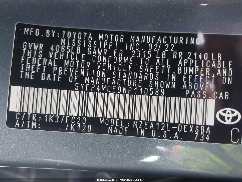 5YFP4MCE9NP110589 2022 TOYOTA COROLLA photo no. 9