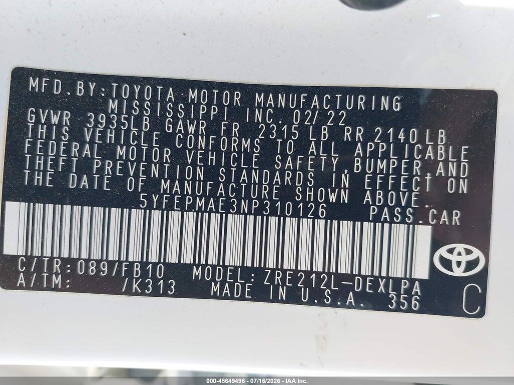 5YFEPMAE3NP310126 2022 TOYOTA COROLLA photo no. 9