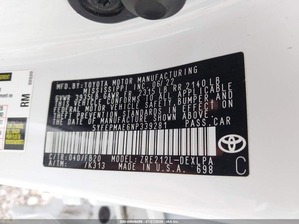 5YFEPMAE6NP339281 2022 TOYOTA COROLLA photo no. 9