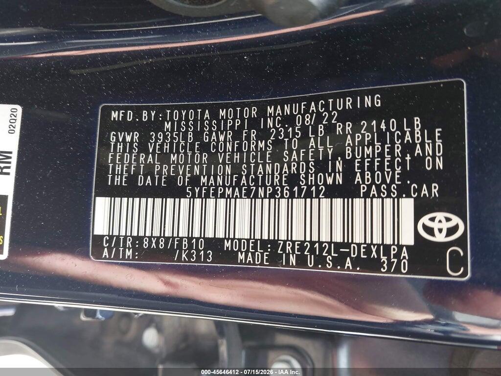 5YFEPMAE7NP361712 2022 TOYOTA COROLLA photo no. 9