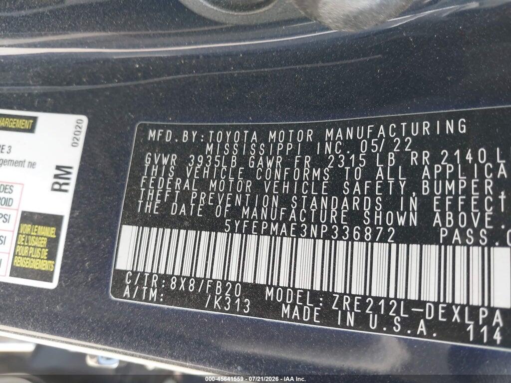 5YFEPMAE3NP336872 2022 TOYOTA COROLLA photo no. 9