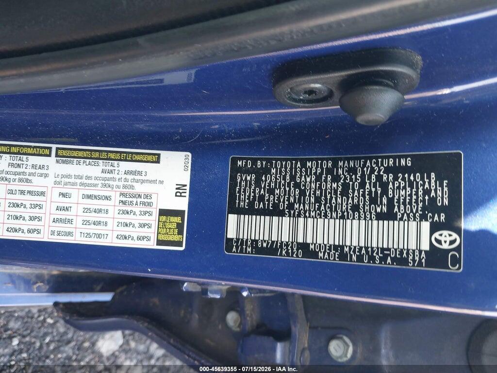 5YFS4MCE9NP108996 2022 TOYOTA COROLLA photo no. 9