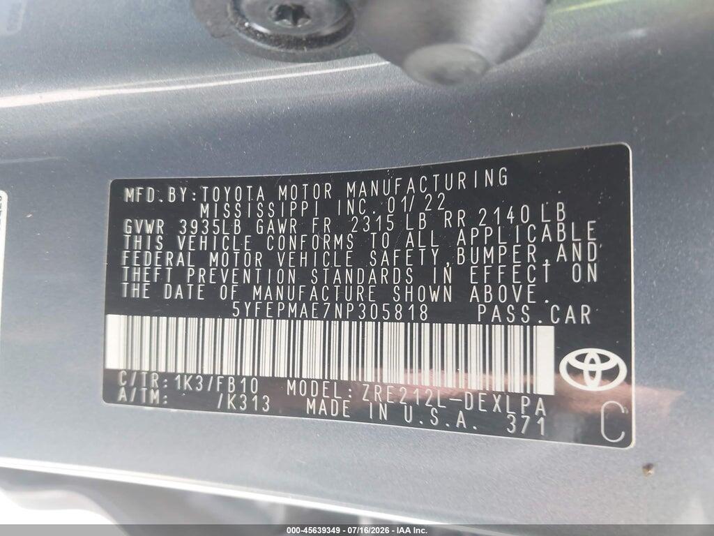5YFEPMAE7NP305818 2022 TOYOTA COROLLA photo no. 9