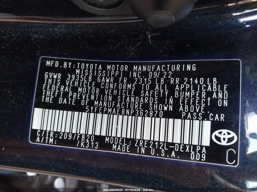 5YFEPMAE8NP362870 2022 TOYOTA COROLLA photo no. 9