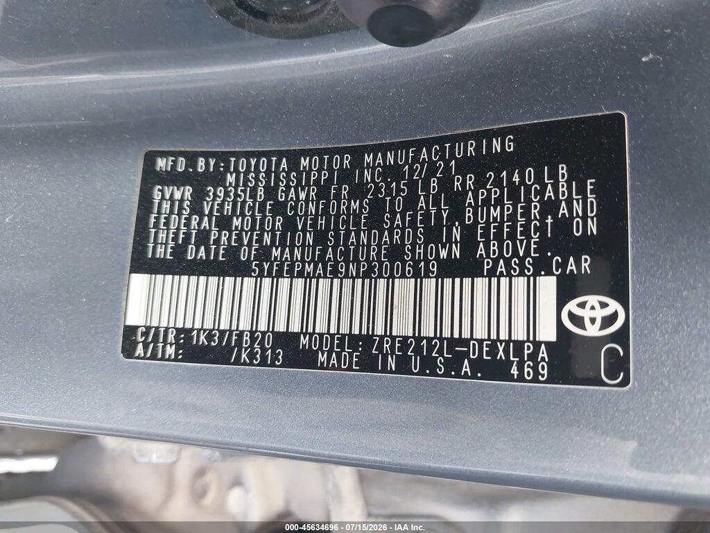 5YFEPMAE9NP300619 2022 TOYOTA COROLLA photo no. 9