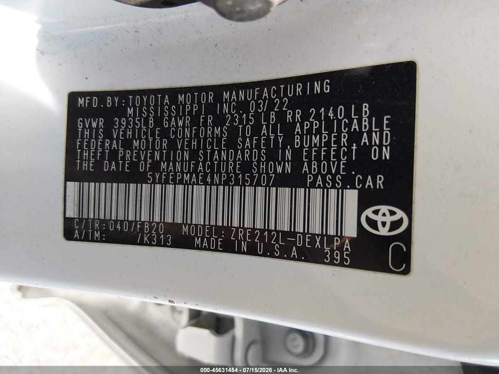 5YFEPMAE4NP315707 2022 TOYOTA COROLLA photo no. 9