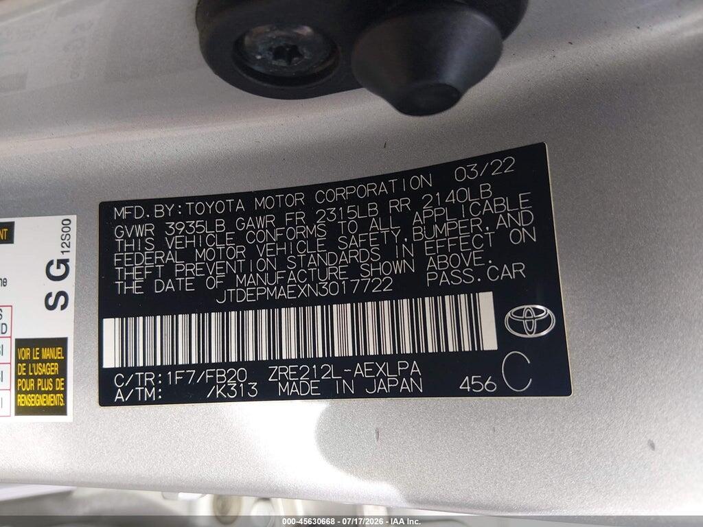 JTDEPMAEXN3017722 2022 TOYOTA COROLLA photo no. 9