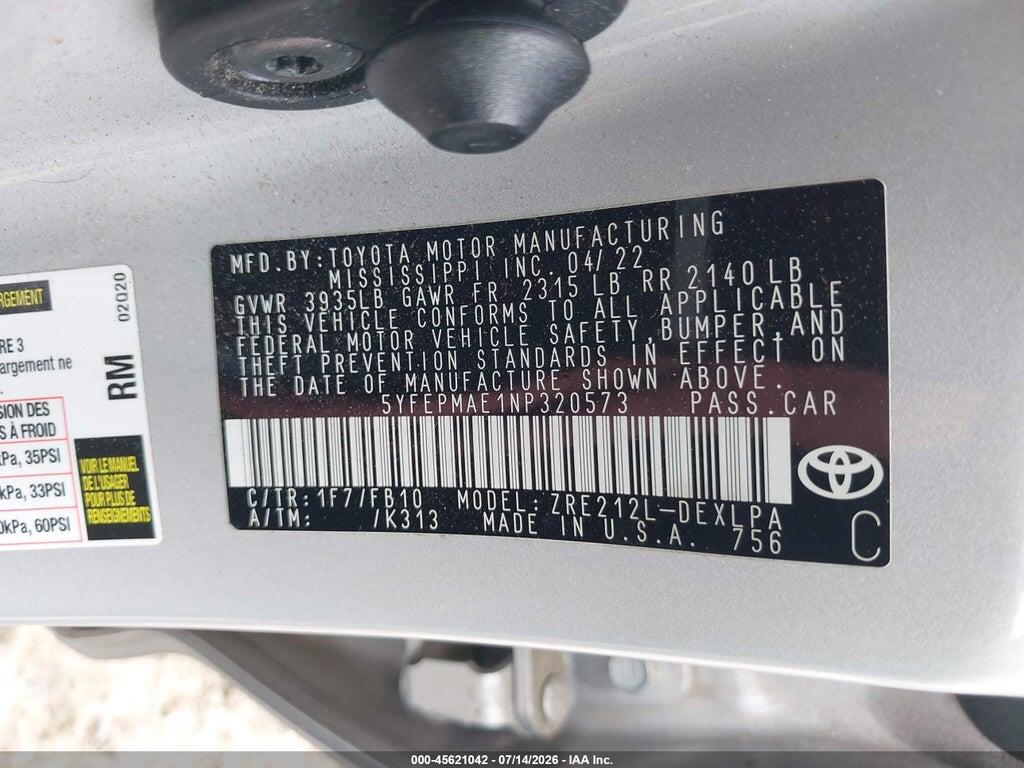5YFEPMAE1NP320573 2022 TOYOTA COROLLA photo no. 9
