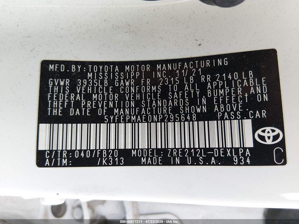 5YFEPMAE0NP295648 2022 TOYOTA COROLLA photo no. 9