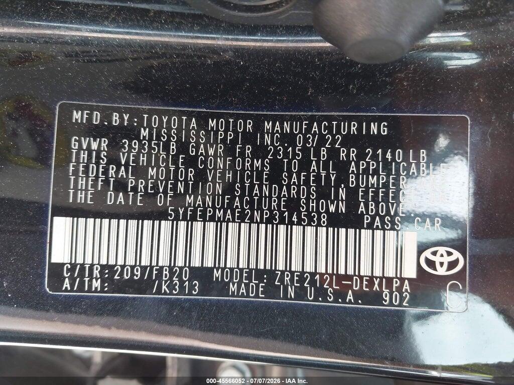 5YFEPMAE2NP314538 2022 TOYOTA COROLLA photo no. 9