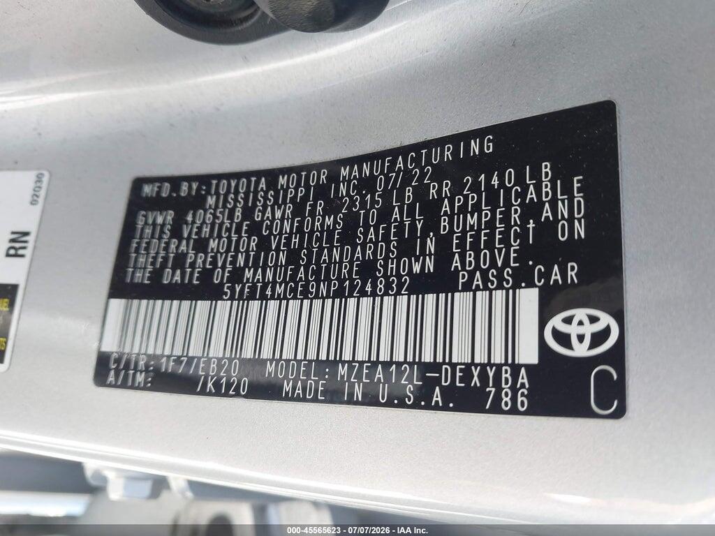 5YFT4MCE9NP124832 2022 TOYOTA COROLLA photo no. 9