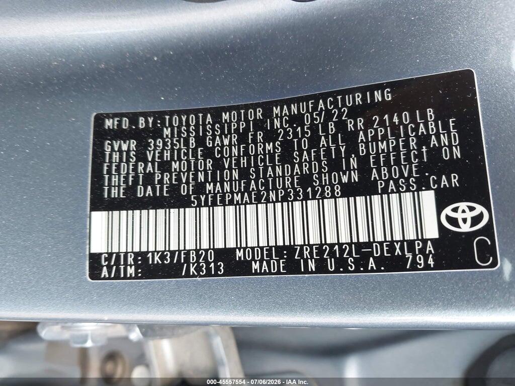 5YFEPMAE2NP331288 2022 TOYOTA COROLLA photo no. 9