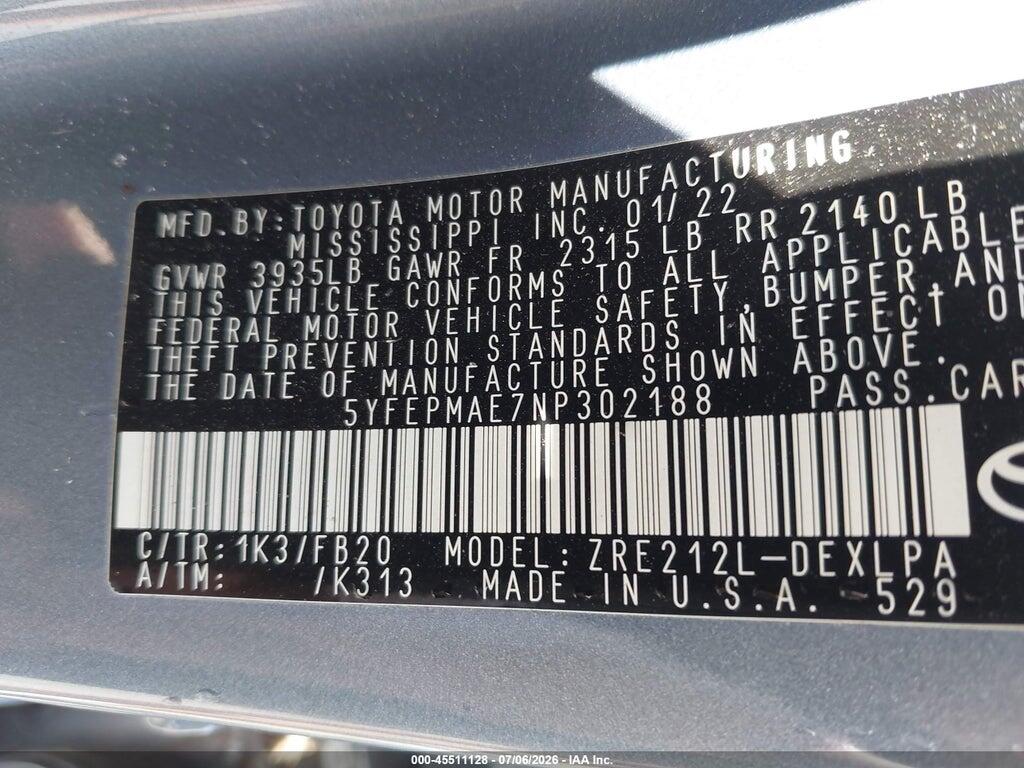 5YFEPMAE7NP302188 2022 TOYOTA COROLLA photo no. 9