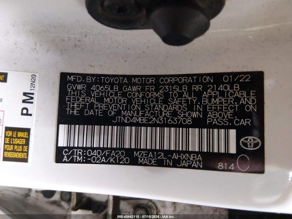 JTND4MBE2N3163708 2022 TOYOTA COROLLA photo no. 9
