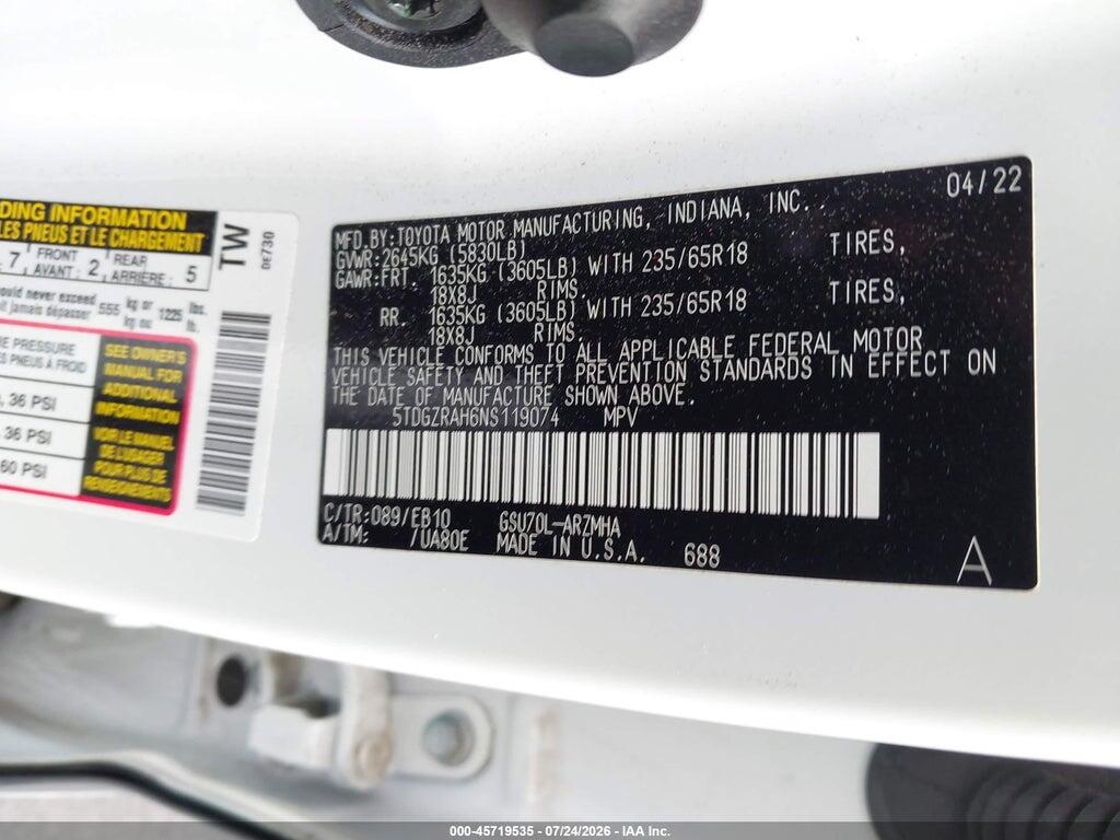 5TDGZRAH6NS119074 2022 TOYOTA HIGHLANDER photo no. 9