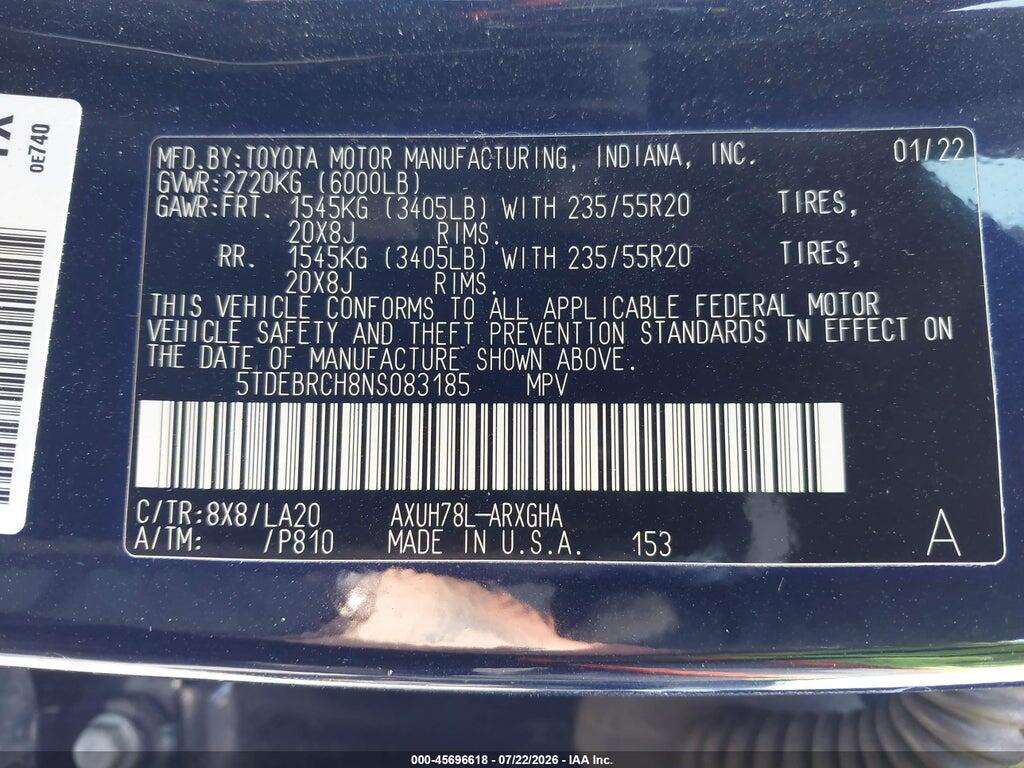 5TDEBRCH8NS083185 2022 TOYOTA HIGHLANDER photo no. 9
