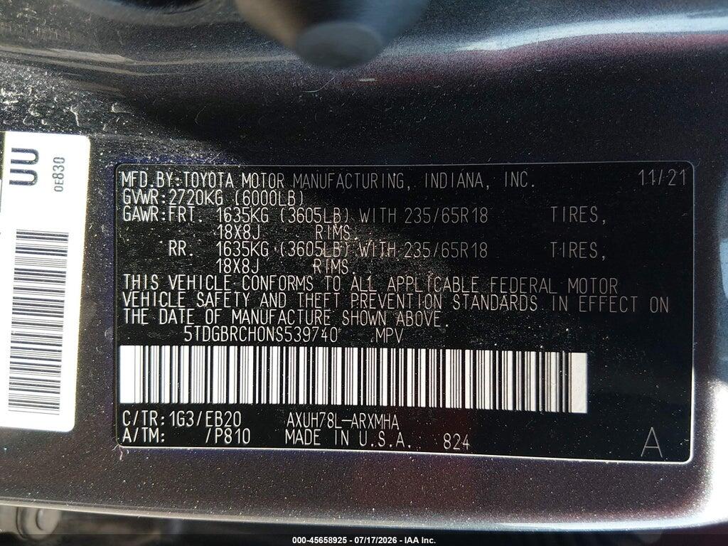 5PDZBRCH0NS539740 2022 TOYOTA HIGHLANDER photo no. 9