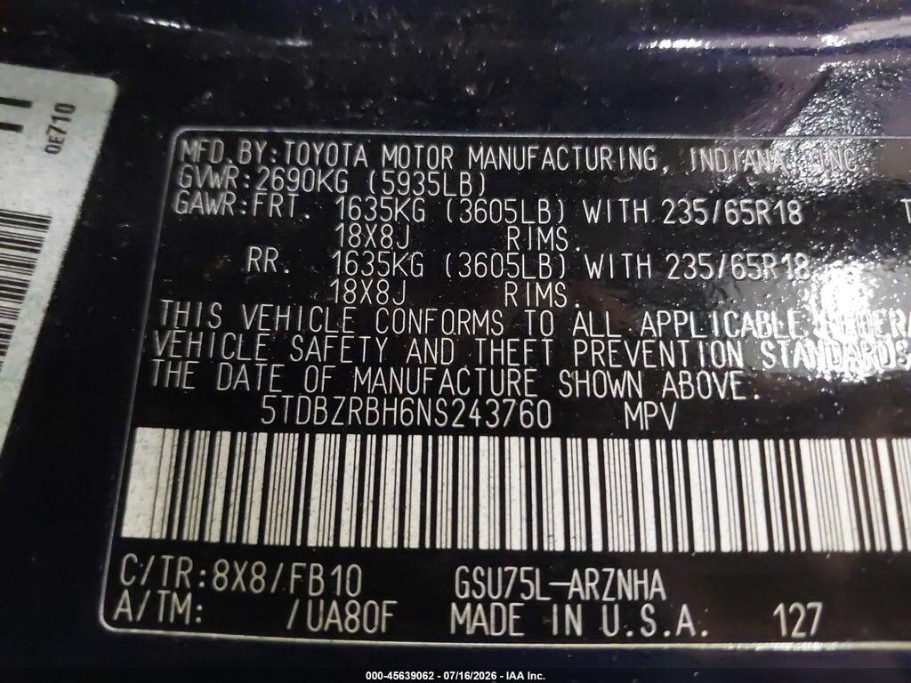 5TDBZRBH6NS243760 2022 TOYOTA HIGHLANDER photo no. 9