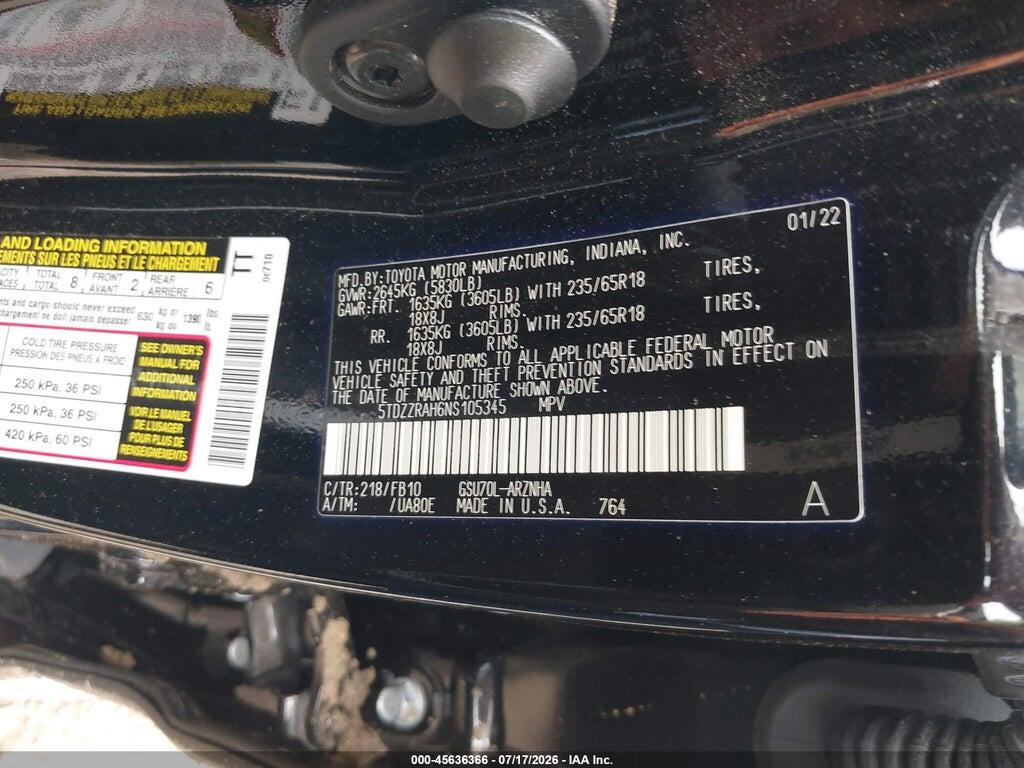 5TDZZRAH6NS105345 2022 TOYOTA HIGHLANDER photo no. 9