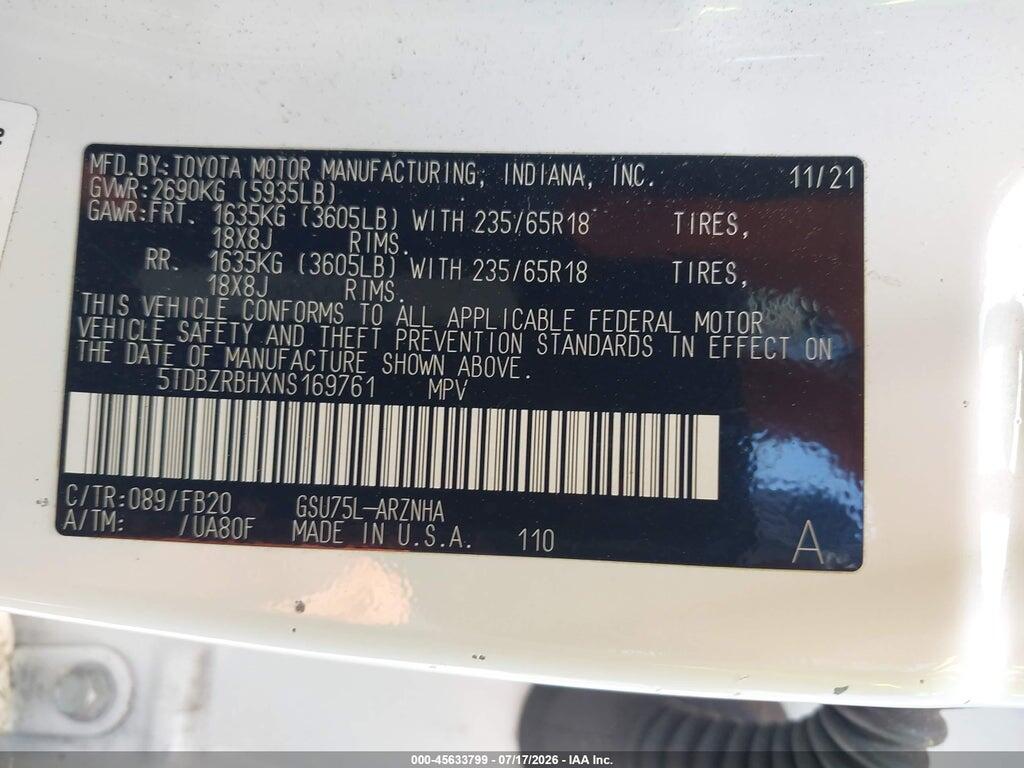 5TDBZRBHXNS169761 2022 TOYOTA HIGHLANDER photo no. 9