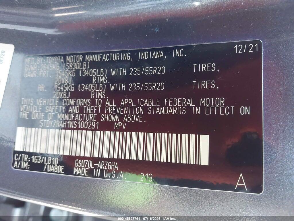 5TDYZRAH1NS100291 2022 TOYOTA HIGHLANDER photo no. 9