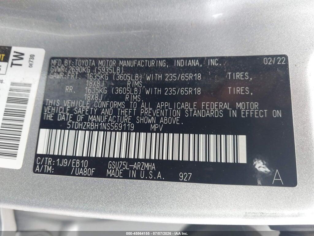 5TDHZRBH1NS569119 2022 TOYOTA HIGHLANDER photo no. 9