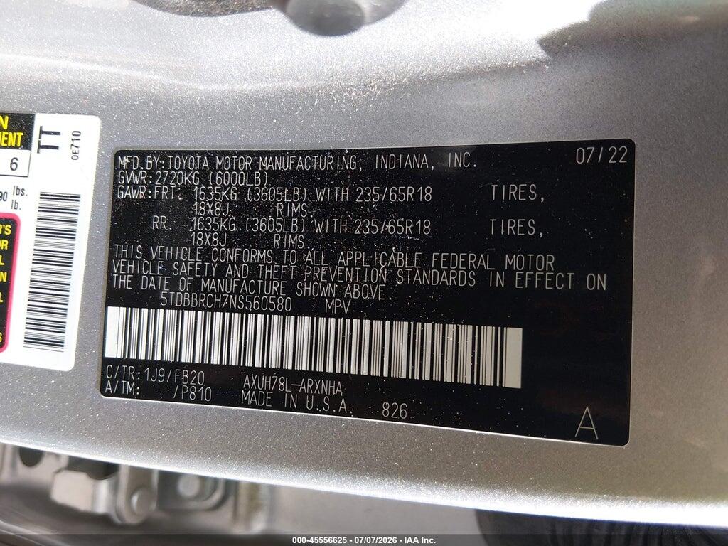 5TDBBRCH7NS560580 2022 TOYOTA HIGHLANDER photo no. 9