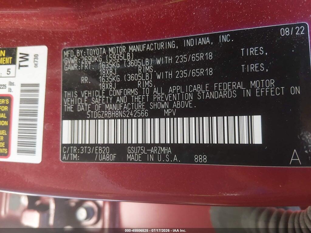 5TDGZRBH8NS242566 2022 TOYOTA HIGHLANDER photo no. 9