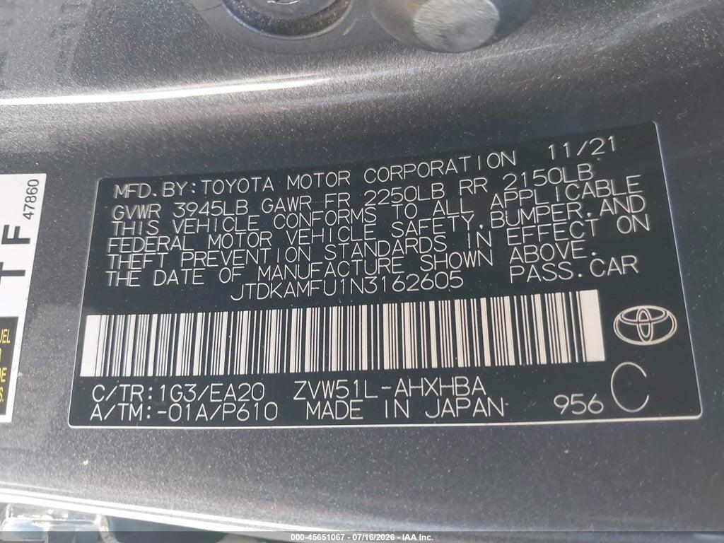JTDKAMFU1N3162605 2022 TOYOTA PRIUS photo no. 9