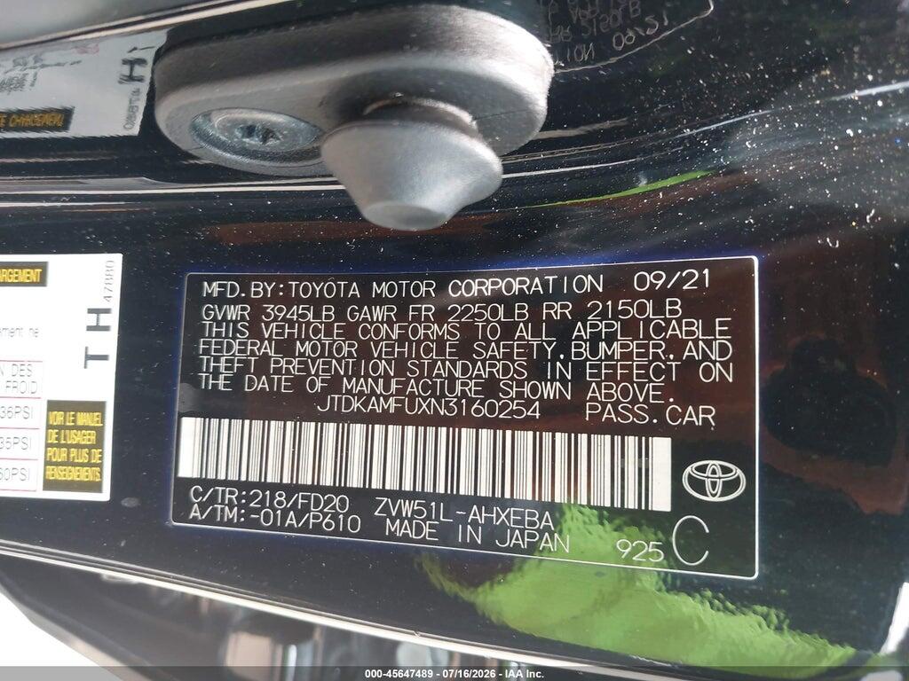 JTDKAMFUXN3160254 2022 TOYOTA PRIUS photo no. 9
