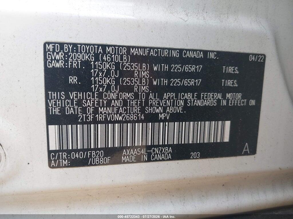 2T3F1RFV0NW268614 2022 TOYOTA RAV4 photo no. 9