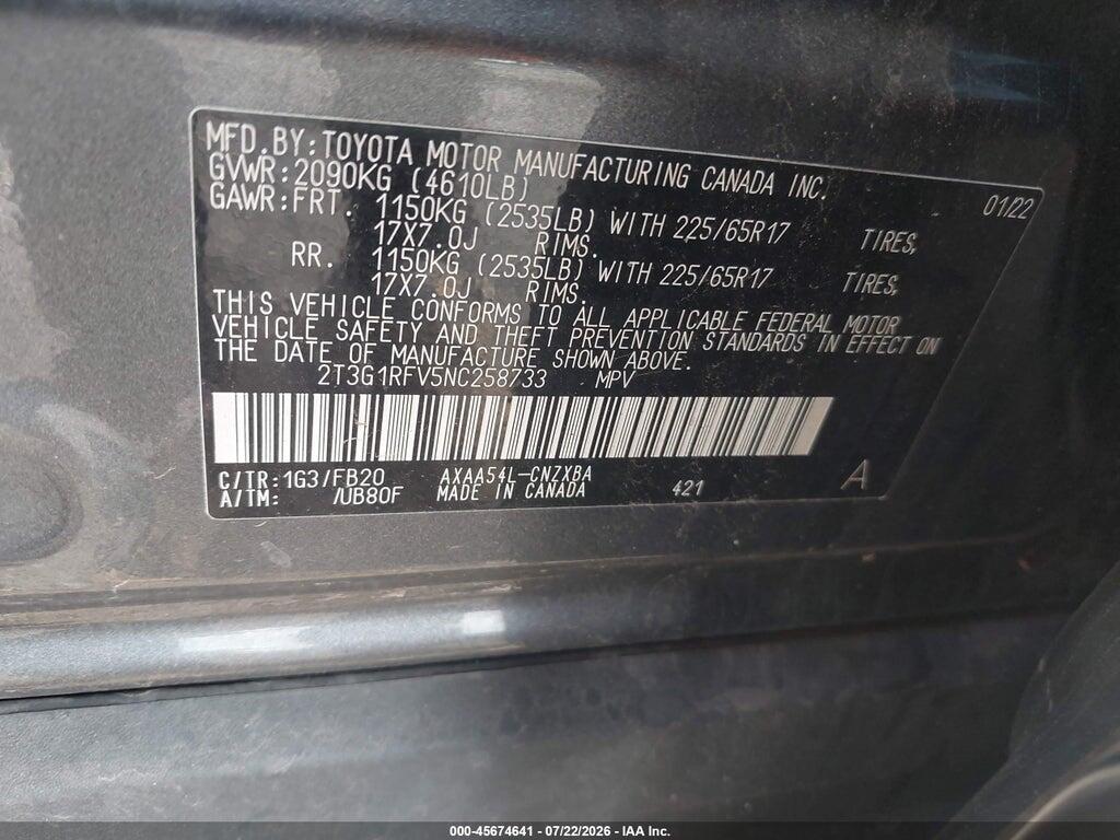 2T3G1RFV5NC258733 2022 TOYOTA RAV4 photo no. 9