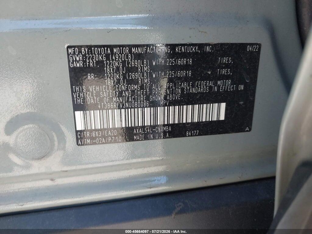4T3B6RFV3NU080086 2022 TOYOTA RAV4 HYBRID photo no. 9