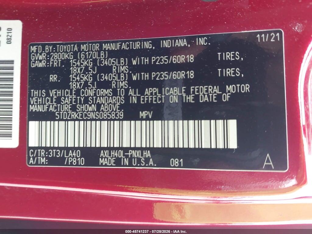 5TDZRKEC9NS085839 2022 TOYOTA SIENNA photo no. 9
