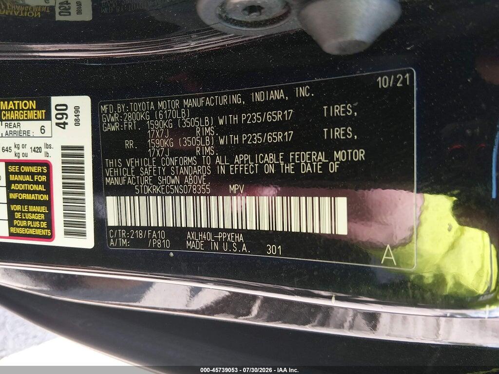 5TDKRKEC5NS078355 2022 TOYOTA SIENNA photo no. 9