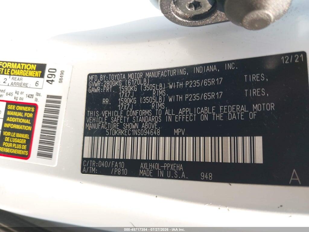 5TDKRKEC1NS094648 2022 TOYOTA SIENNA photo no. 9