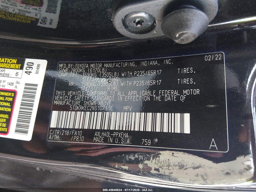 5TDKRKEC2NS107116 2022 TOYOTA SIENNA photo no. 9