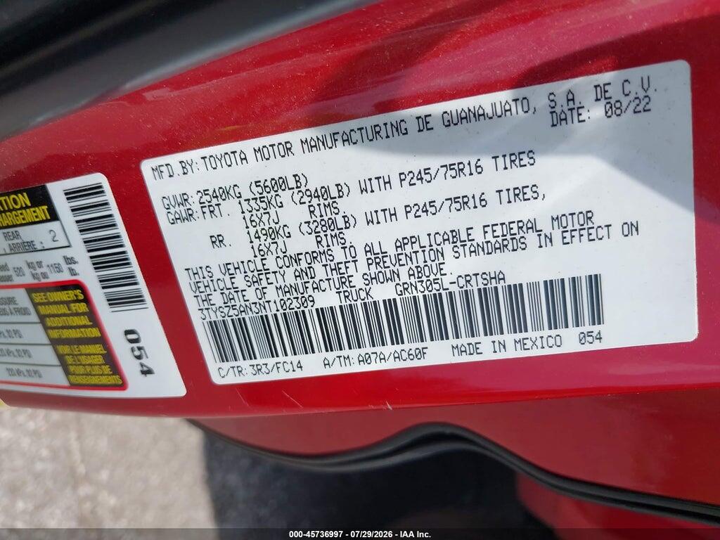 3TYSZ5AN3NT102309 2022 TOYOTA TACOMA photo no. 9