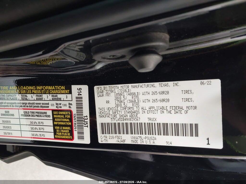 5TFLA5DB4NX039367 2022 TOYOTA TUNDRA photo no. 9
