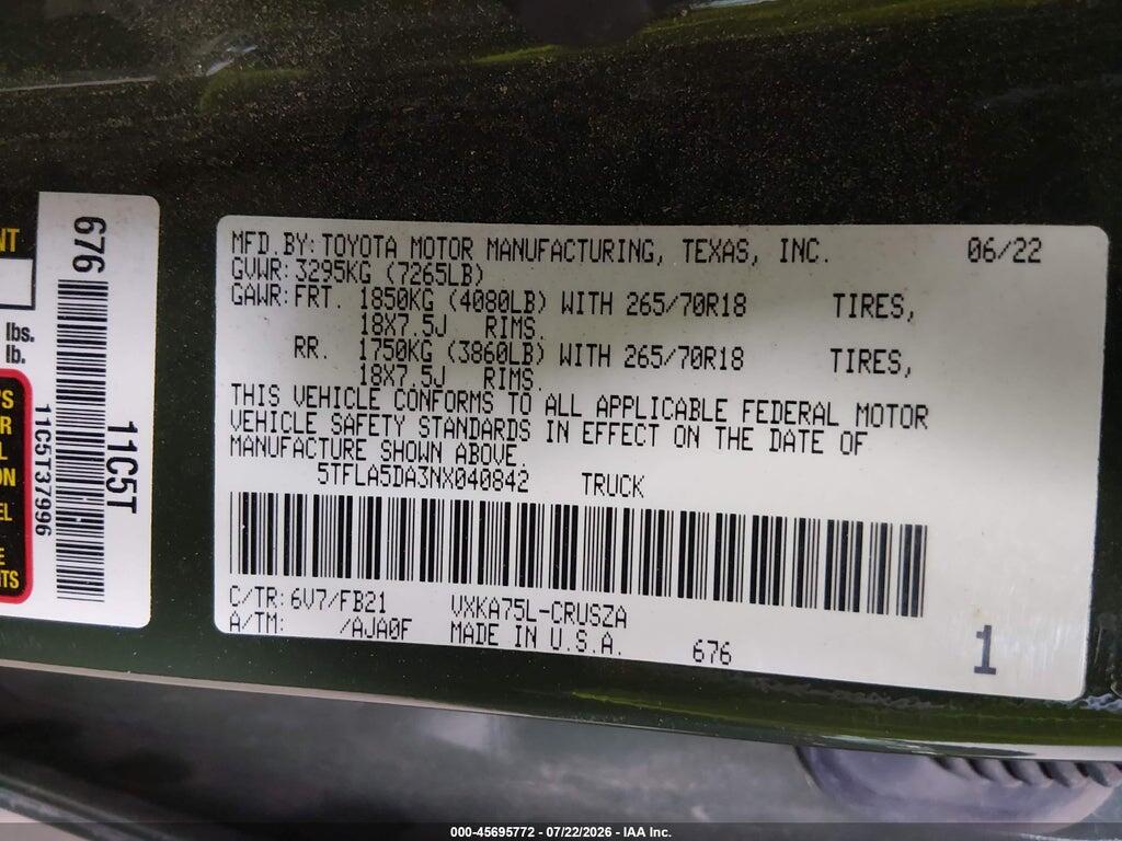 5TFLA5DA3NX040842 2022 TOYOTA TUNDRA photo no. 9