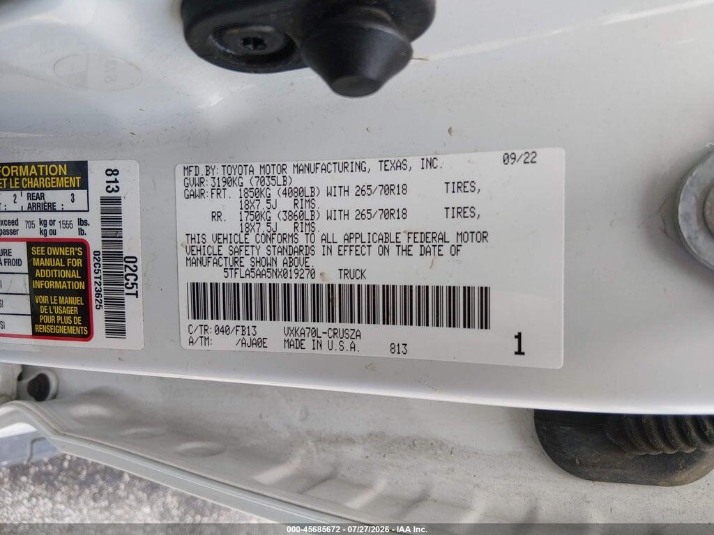 5TFLA5AA5NX019270 2022 TOYOTA TUNDRA photo no. 9