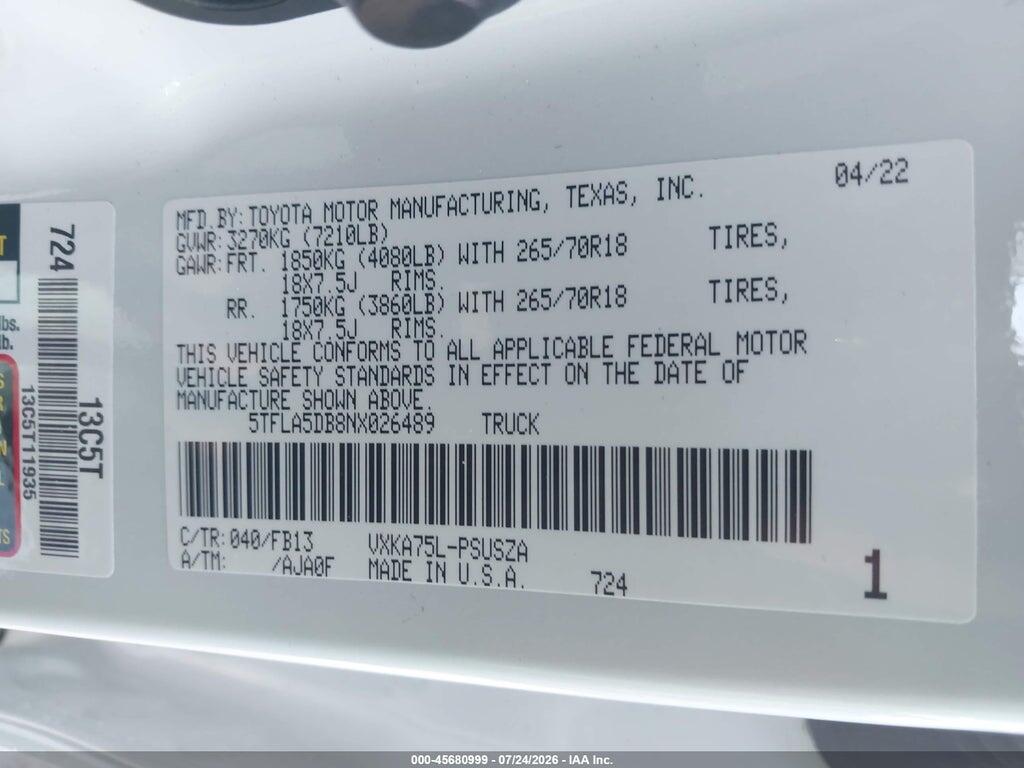 5TFLA5DB8NX026489 2022 TOYOTA TUNDRA photo no. 9