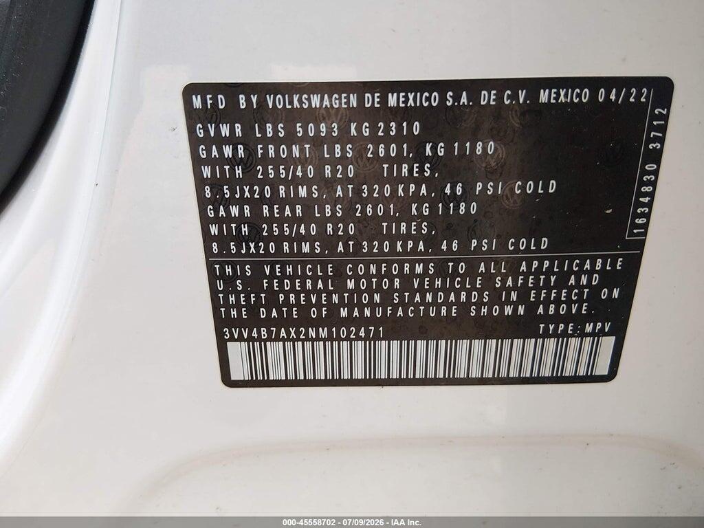 3VV4B7AX2NM102471 2022 VOLKSWAGEN TIGUAN photo no. 9